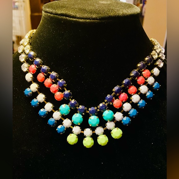 Two J Crew silvertone lucite gem colorblock neon colorpop statement necklaces - Picture 1 of 4